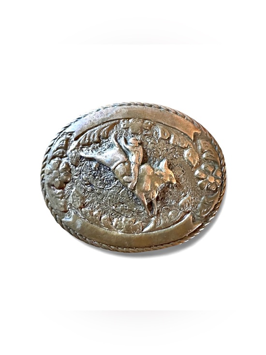 Vintage Justin Bronze Cast Belt Buckle with Rodeo Design